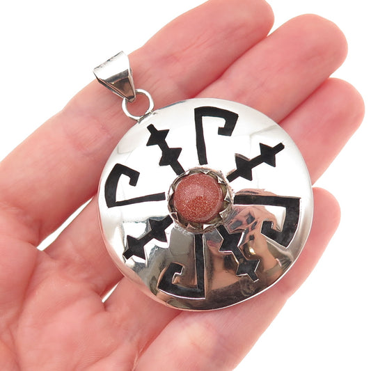 925 Sterling Silver Vintage Mexico Real Goldstone Aztec Shadow Box Pendant