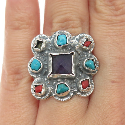 925 Sterling Silver Vintage Mexico Multi-Gem Ring Size 6.25 (missing 1 stone)