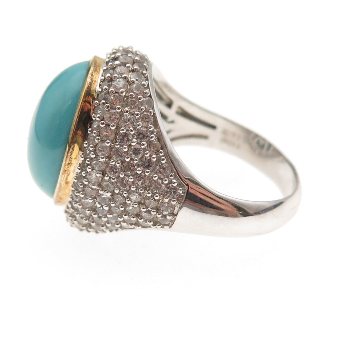 925 Sterling Silver 2-Tone Real Turquoise & White Topaz Ring Size 8.25