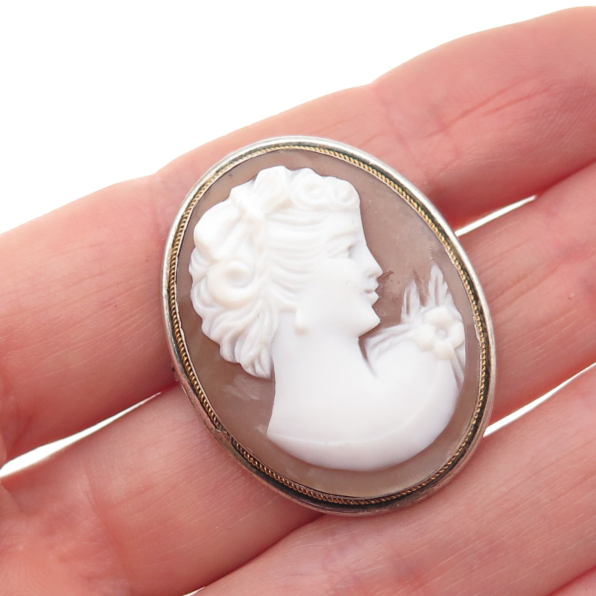 800 Silver 2-Tone Antique Art Deco Real MOP Lady Cameo Pin Brooch / Pendant
