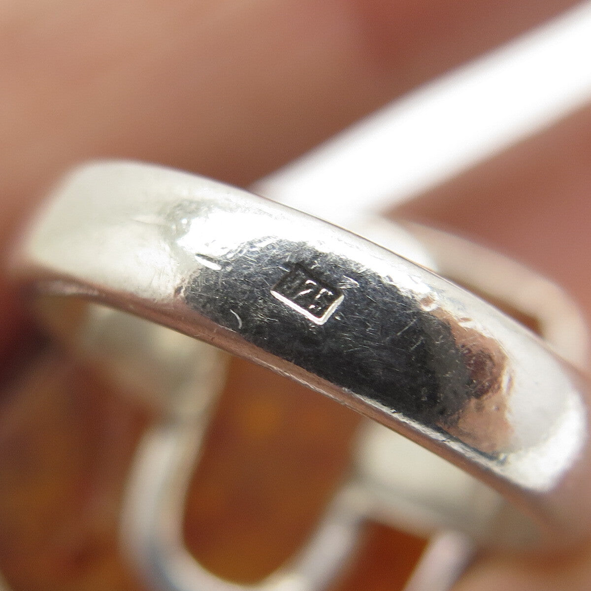 925 Sterling Silver Vintage European Real Amber Modernist Ring Size 6.75