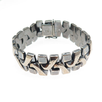 925 Sterling 2-Tone Vintage Italy Wavy Spine Link Hollow Oxidized Bracelet 7"