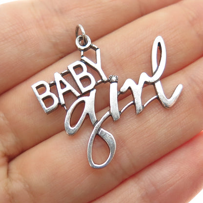 925 Sterling Silver Vintage Real Round-Cut Diamond Baby Girl Charm Pendant