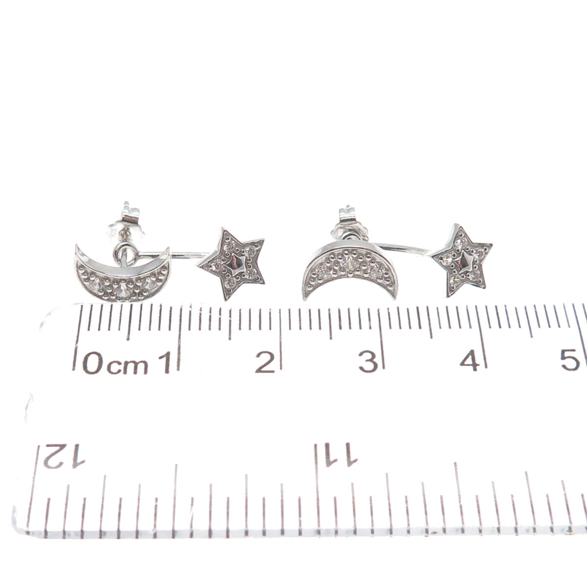 925 Sterling Silver Round-Cut C Z Crescent Moon & Star Interchangeable Earrings