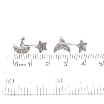 925 Sterling Silver Round-Cut C Z Crescent Moon & Star Interchangeable Earrings