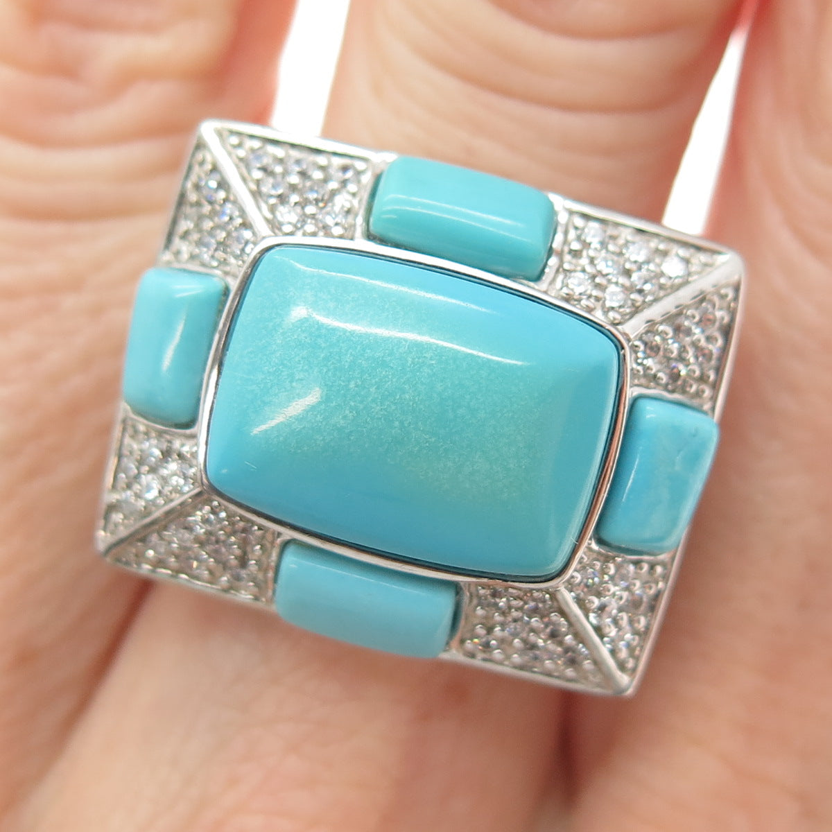 FADI 925 Sterling Silver Real Turquoise & Round-Cut C Z Ring Size 7.25