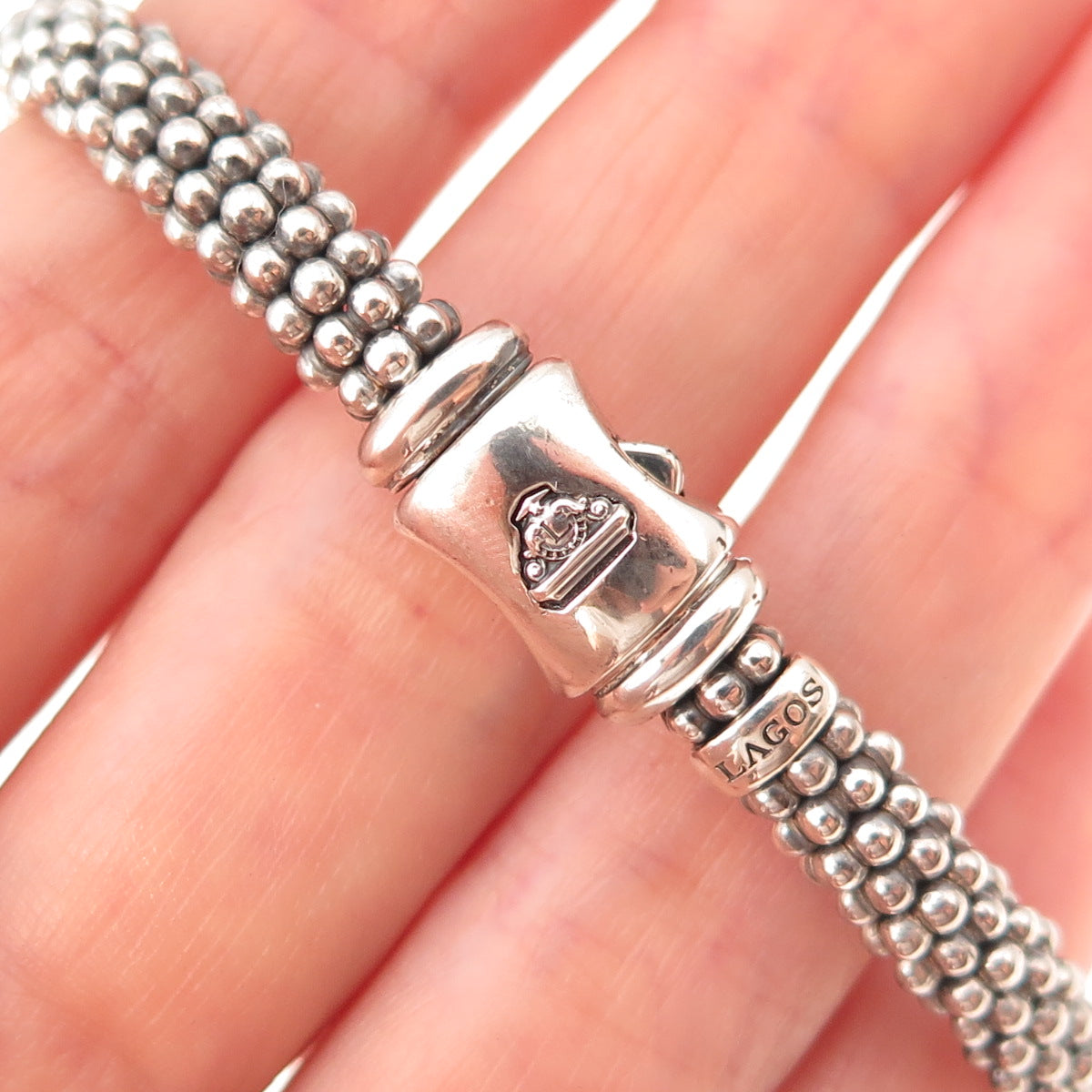 Lagos 925 Sterling Silver 18K Gold Real Diamond X-Shape Caviar Bracelet 6.75"