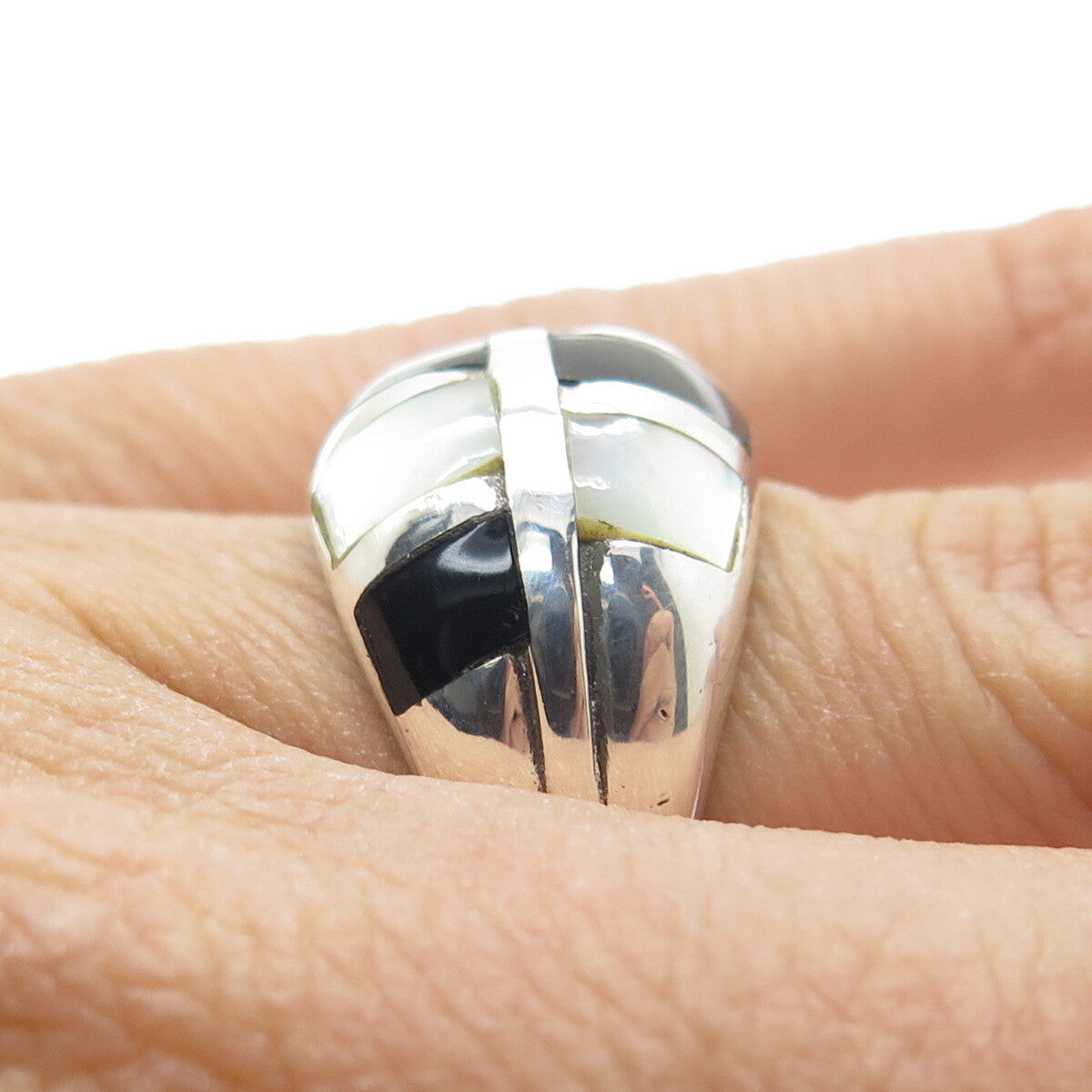 CFJ Collins Fine Jewelry Sterling Silver Vintage Black Onyx & MOP Ring Size 6.25