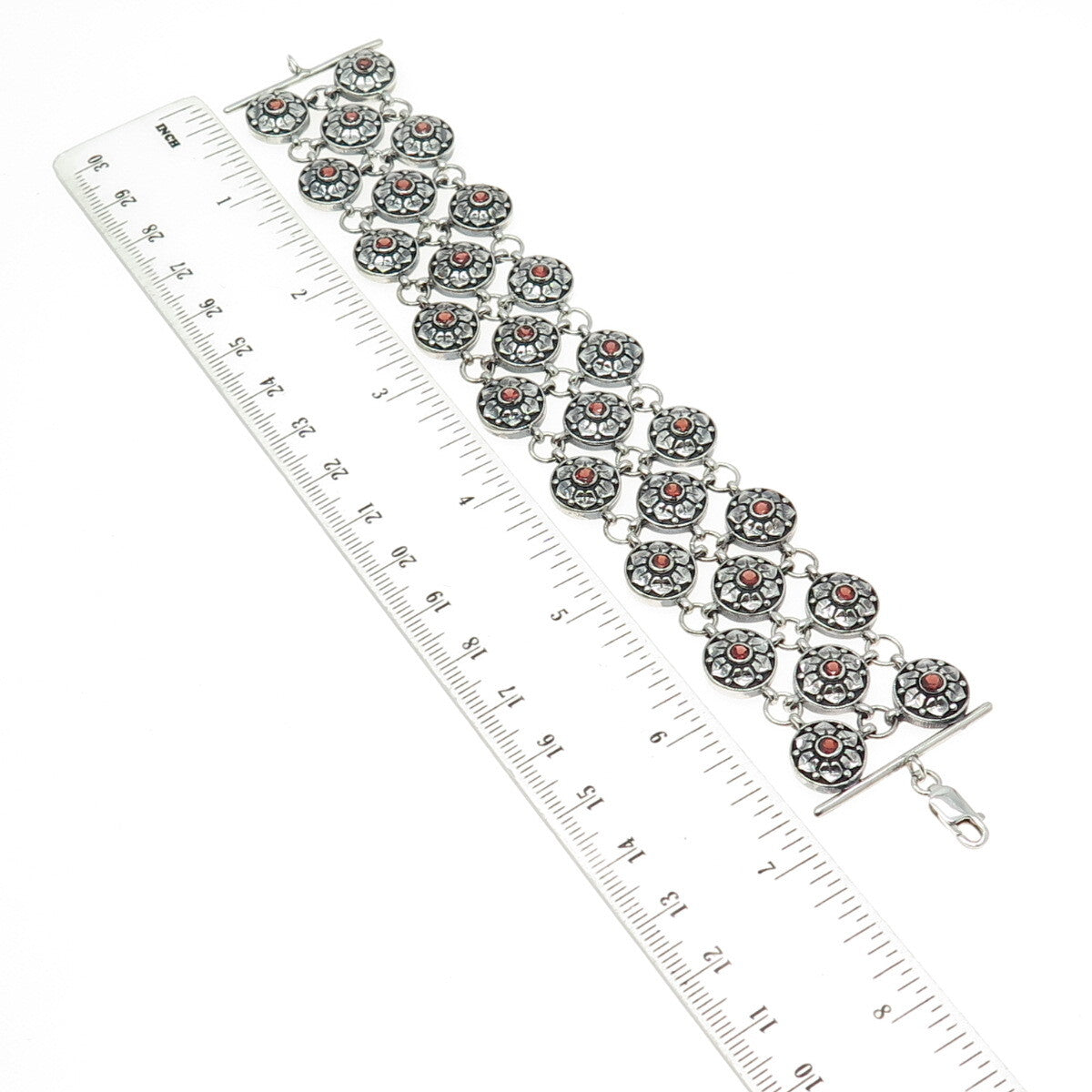 925 Sterling Silver Vintage Real Red Garnet Floral Disc Cluster Link Bracelet 7"