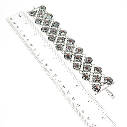 925 Sterling Silver Vintage Real Red Garnet Floral Disc Cluster Link Bracelet 7"