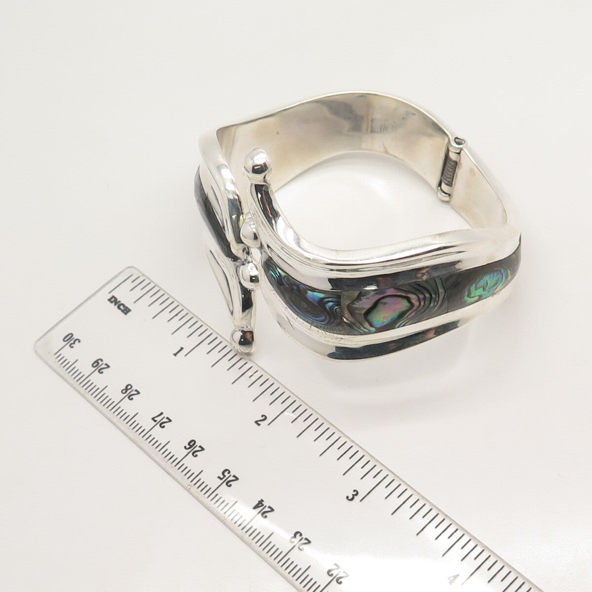 925 Sterling Silver Vintage Mexico Real Abalone Shell Modernist Bracelet 7.25"