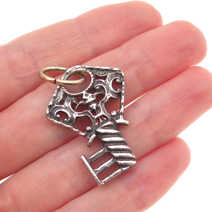 925 Sterling Silver Antique Art Deco Floral Key Oxidized Charm Pendant