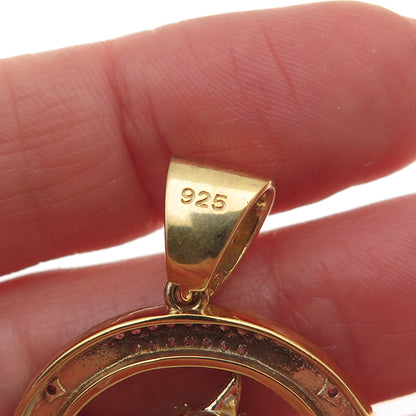 925 Sterling Silver Gold Plated Round-Cut C Z Horse & Horseshoe Pendant