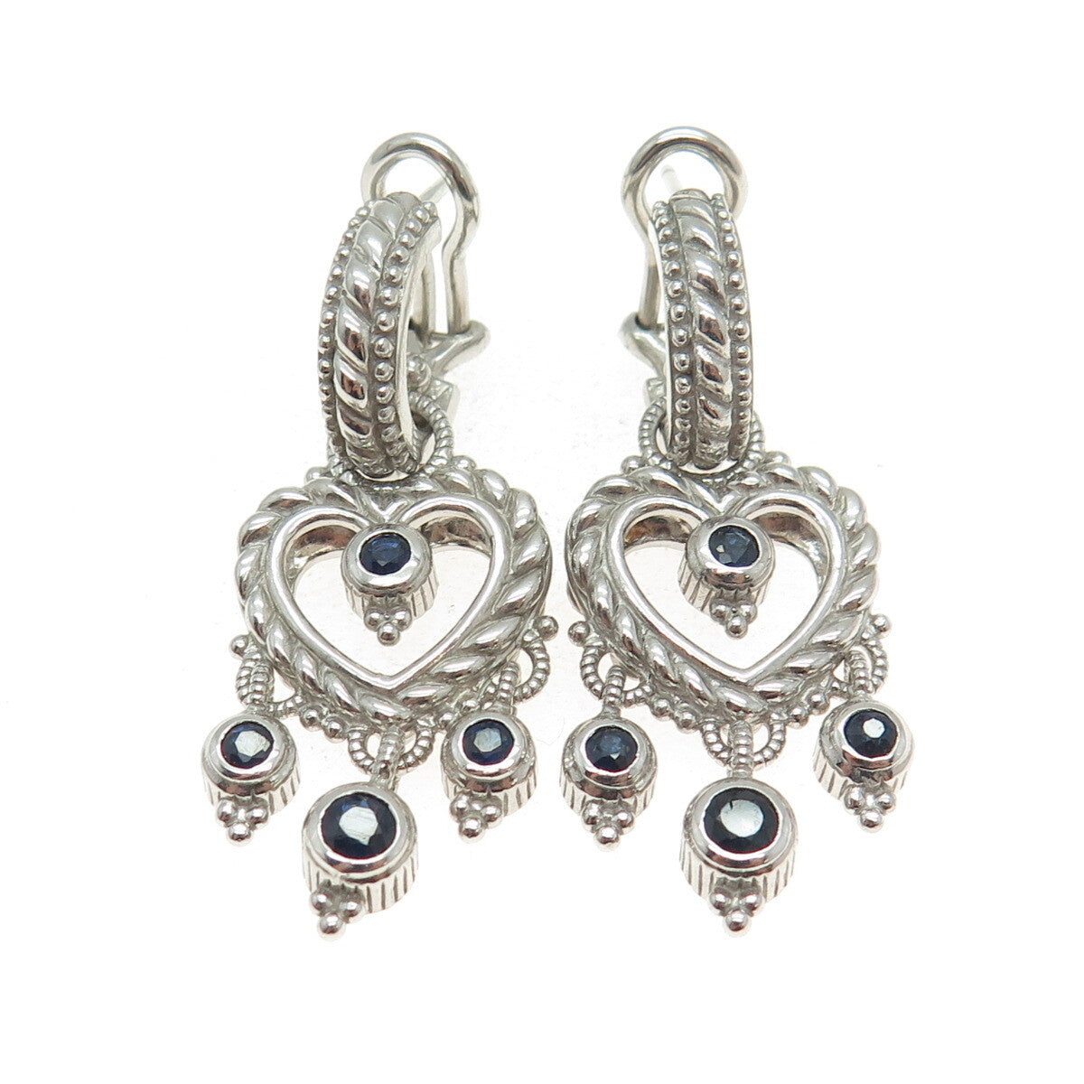 JUDITH RIPKA 925 Sterling Silver Real Sapphire Heart Charm Omega Back Earrings