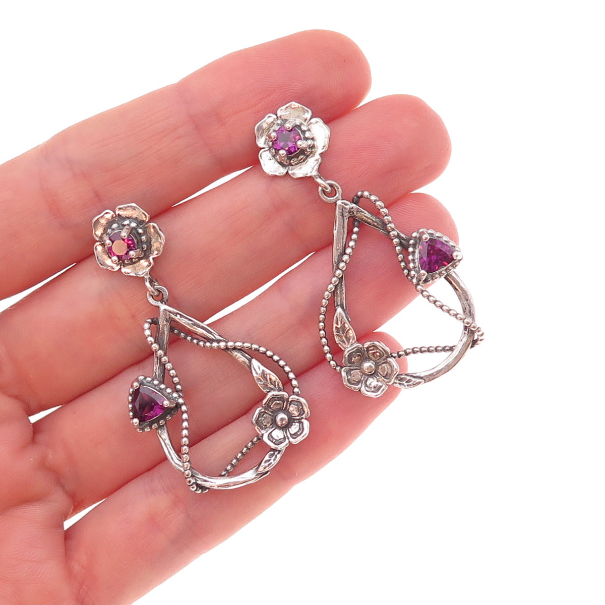 Or Paz PZ Sterling Silver Vintage Israel Real Amethyst Floral Teardrop Earrings