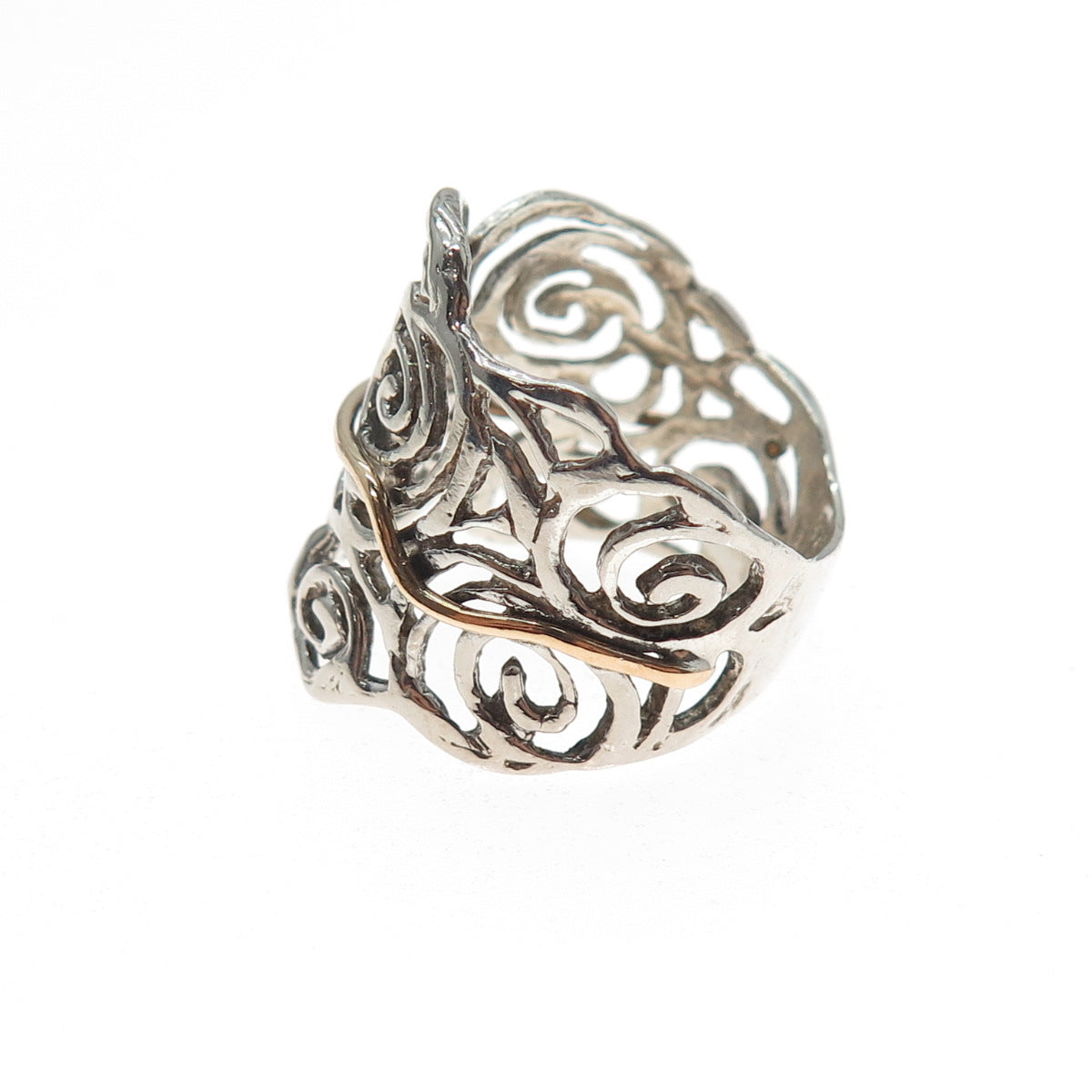 925 Sterling Silver 2-Tone Vintage Modernist Rose Flower Ring Size 7.25