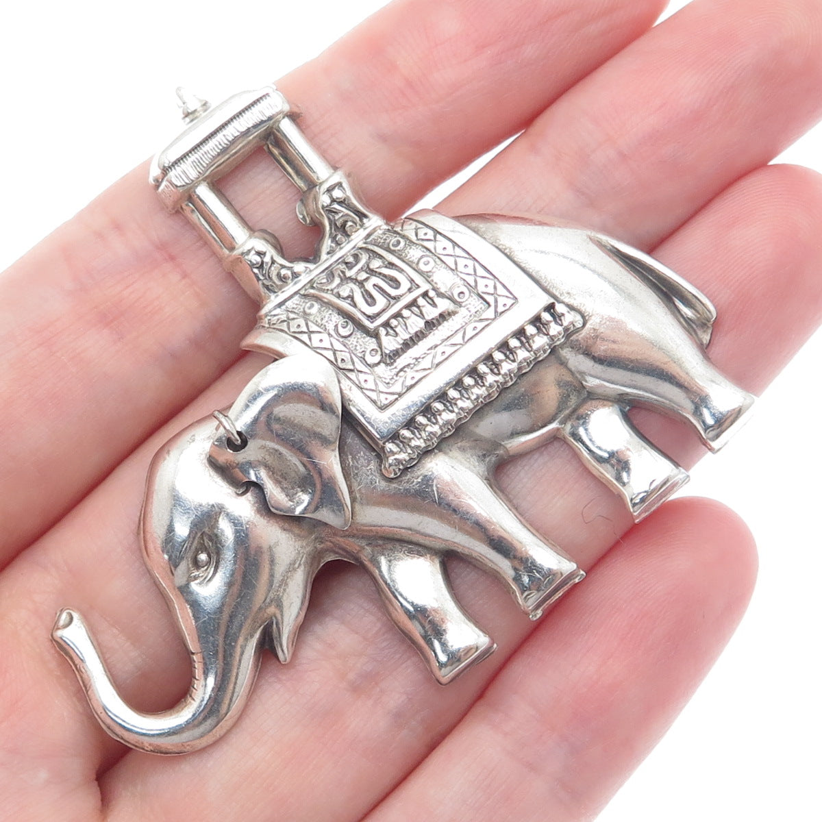 LANG Sterling Silver Antique Art Deco Elephant Sedan Chair Oxidized Pin Brooch