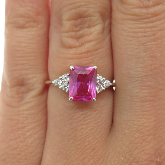 925 Sterling Silver Lab-Created Pink Sapphire & C Z Ring Size 6.25