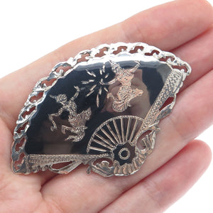 925 Sterling Silver Antique Siam Niello Hindu Goddess Fan Pin Brooch