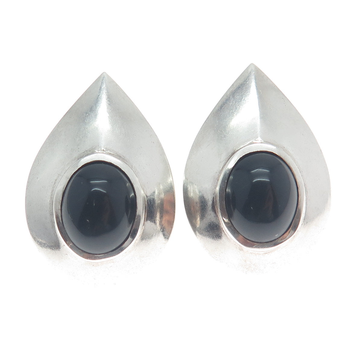 925 Sterling Silver Vintage Real Black Onyx Gemstone Teardrop Earrings