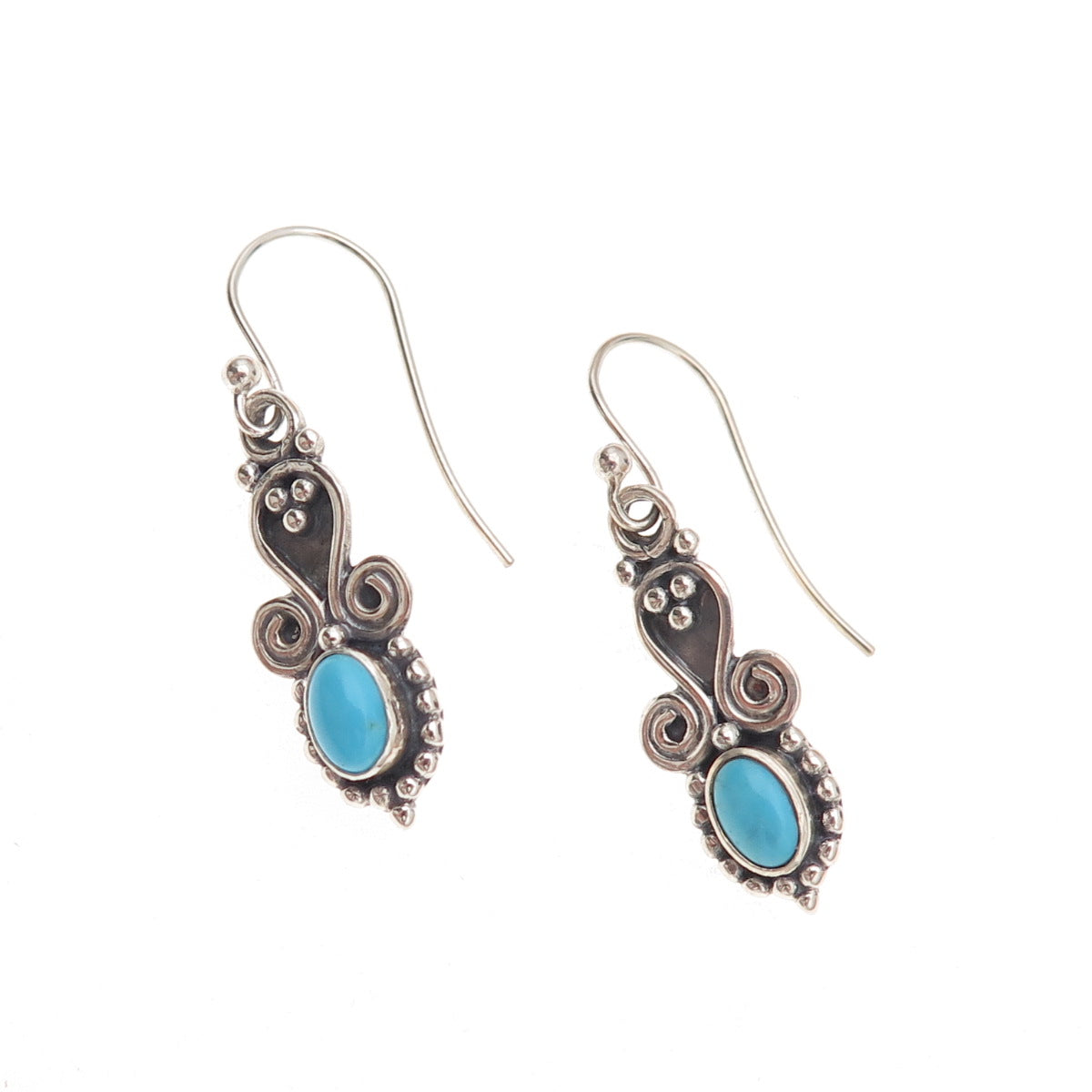 925 Sterling Silver Vintage Real Turquoise Heart Oxidized Dangle Earrings