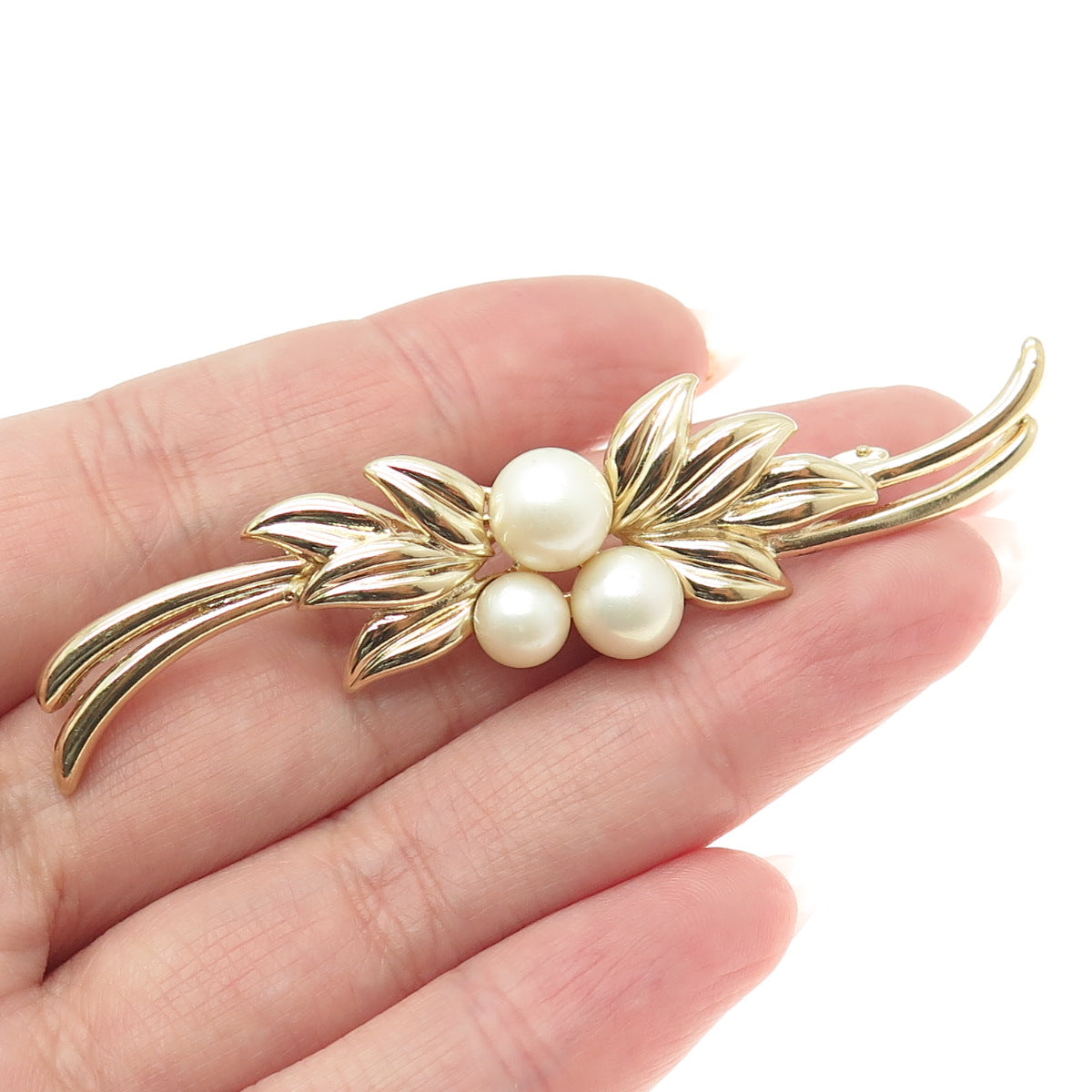 MAJORICA 925 Sterling Silver Gold Plated Vintage Faux Pearl Leaf Pin Brooch