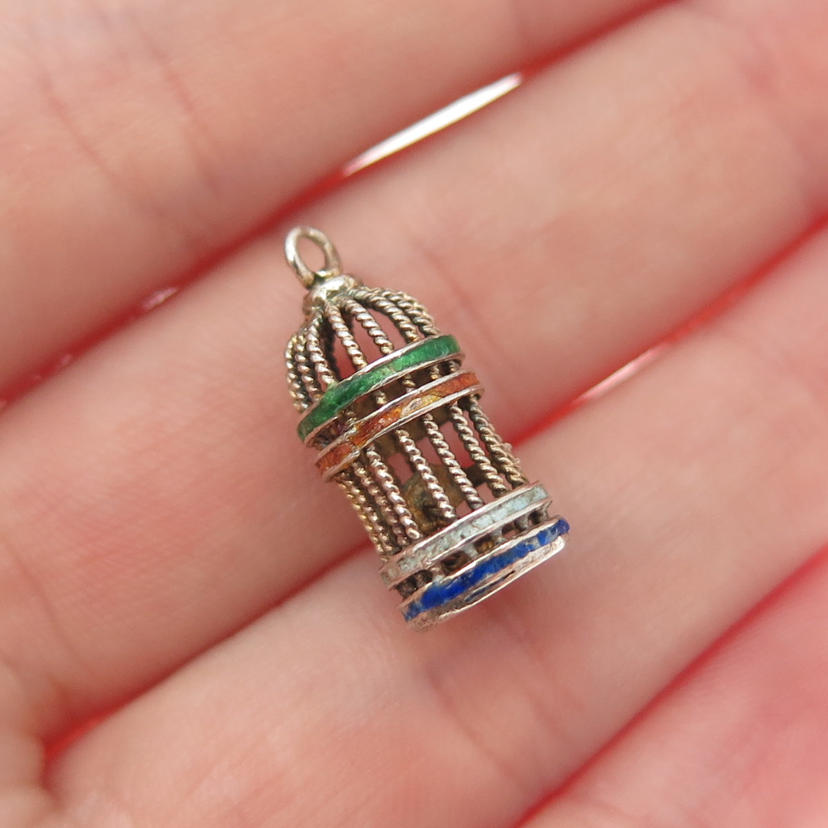 925 Sterling Gold Plated Antique China Enamel Bird Cage Minimalist 3D Pendant