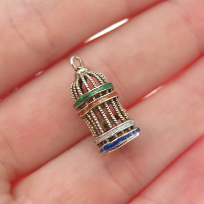 925 Sterling Gold Plated Antique China Enamel Bird Cage Minimalist 3D Pendant