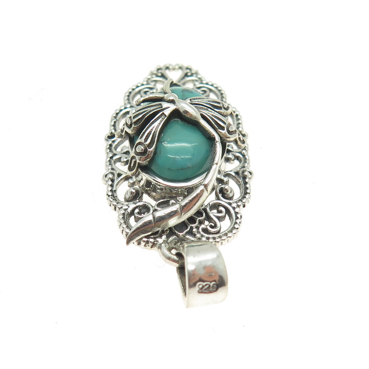 925 Sterling Silver Vintage Carico Lake Turquoise Dragonfly Oxidized Pendant