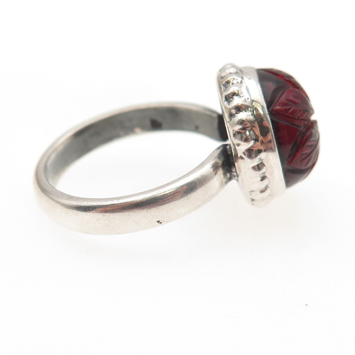 925 Sterling Silver Vintage Real Red Garnet Carved Flower Ring Size 8.25