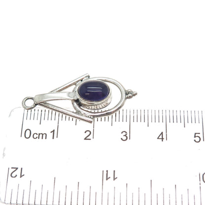 925 Sterling Silver Vintage Real Amethyst Modernist Oxidized Charm Pendant