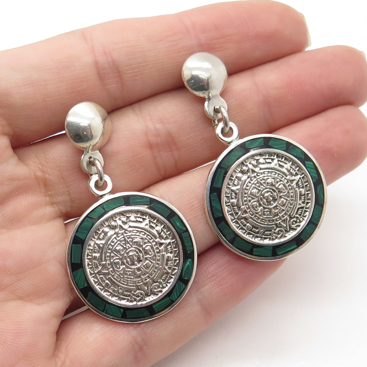 925 Sterling Silver Vintage Mexico Malachite Gem Inlay Aztec Calendar Earrings