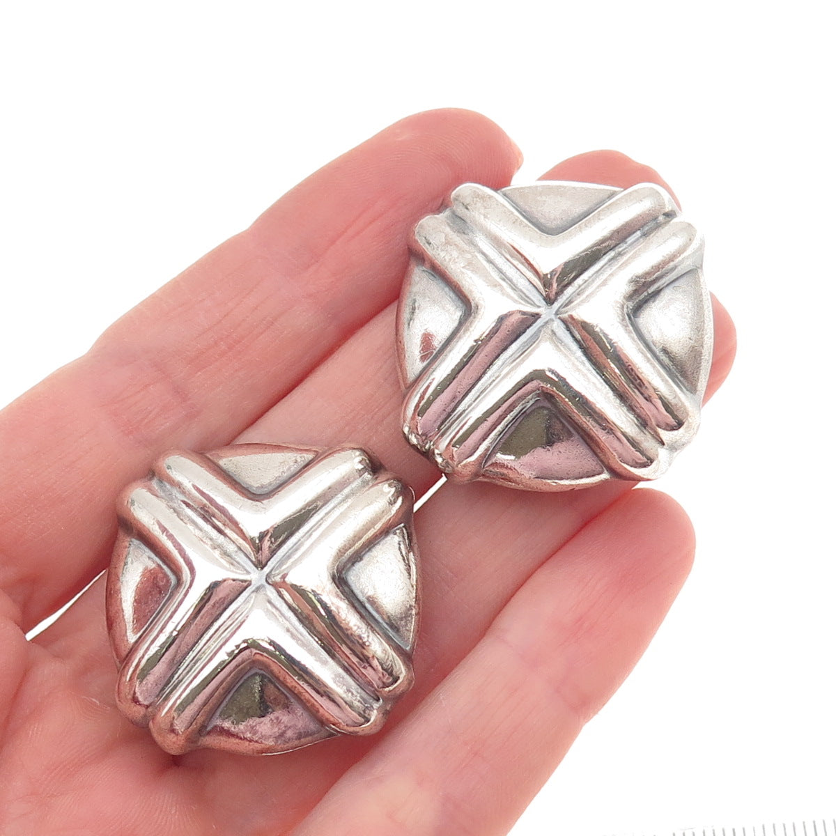 925 Sterling Silver Vintage Mexico Modernist Cross Oxidized Clip On Earrings