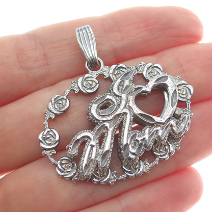 REMINI 925 Sterling Silver Vintage I Love Mom Rose Flower Oxidized Pendant
