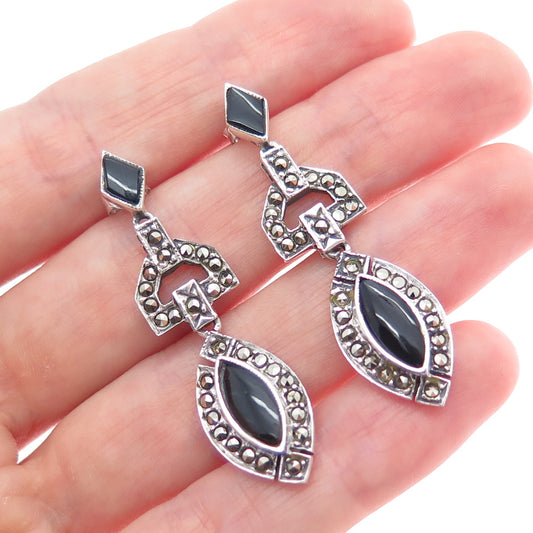 925 Sterling Silver Vintage Real Black Onyx & Marcasite Oxidized Dangle Earrings