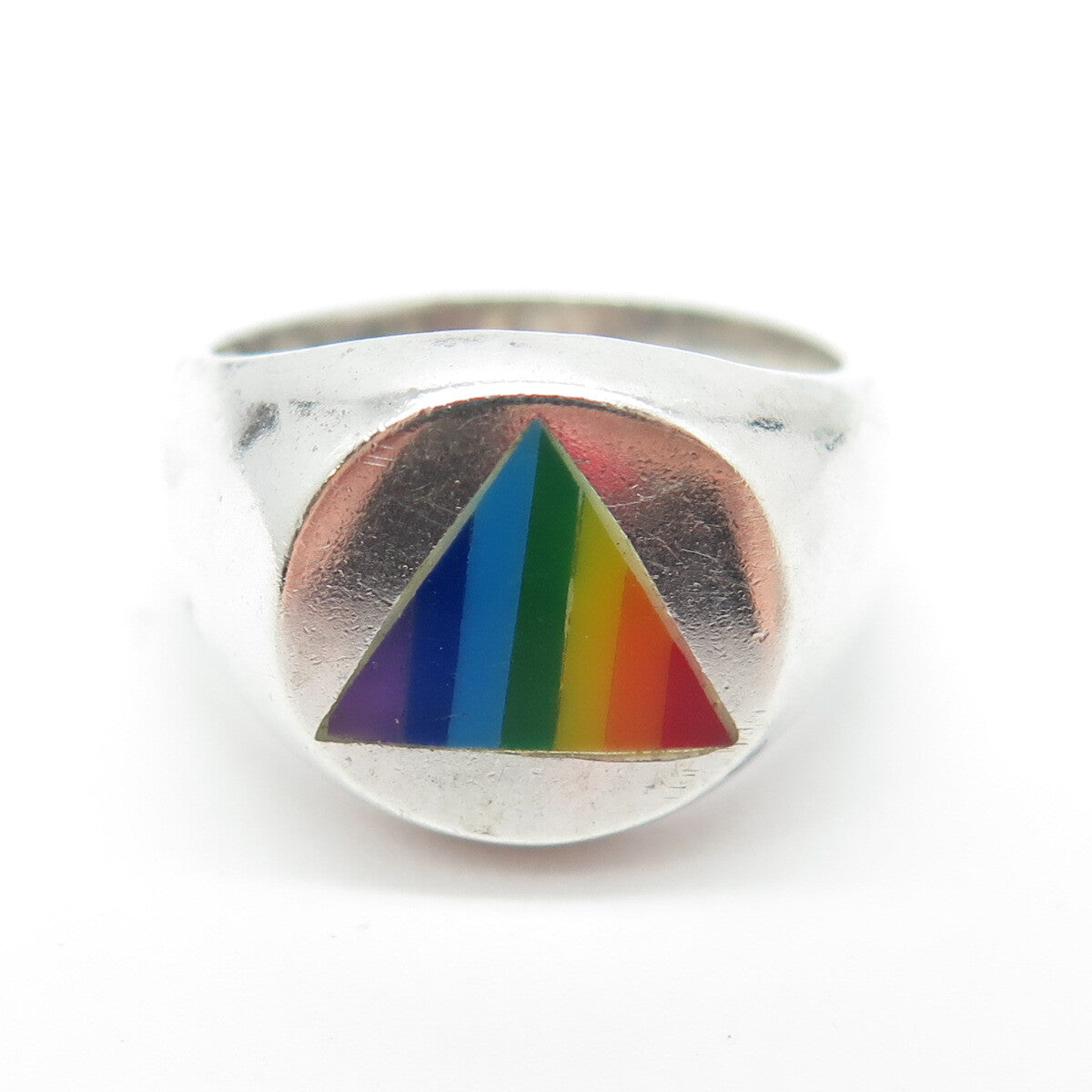 925 Sterling Silver Vintage Rainbow Enamel "Happy Pride" Signet Ring Size 6