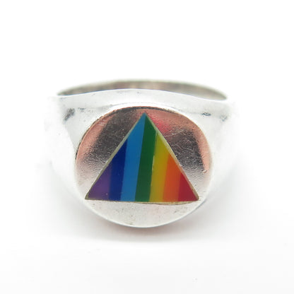 925 Sterling Silver Vintage Rainbow Enamel "Happy Pride" Signet Ring Size 6
