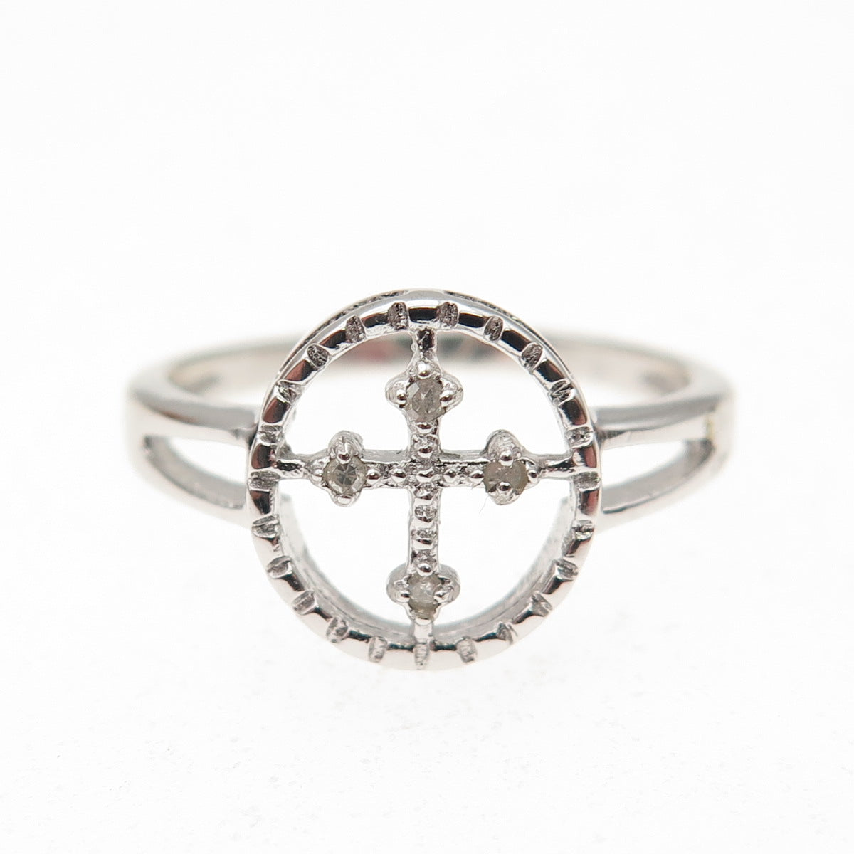 925 Sterling Silver Real Round-Cut Diamond Cross Ring Size 7