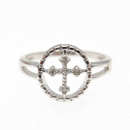 925 Sterling Silver Real Round-Cut Diamond Cross Ring Size 7