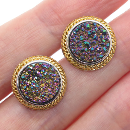 925 Sterling Silver 2-Tone Real Rainbow Druzy Round Earrings