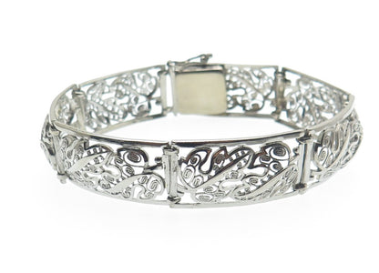 925 Sterling Silver Antique Germany Maple Leaf Panel Link Bracelet 7.25"