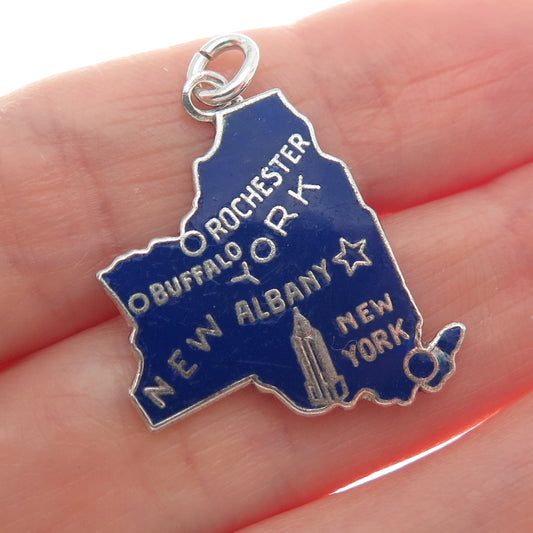 925 Sterling Silver Vintage Enamel New York State Map Minimalist Charm Pendant
