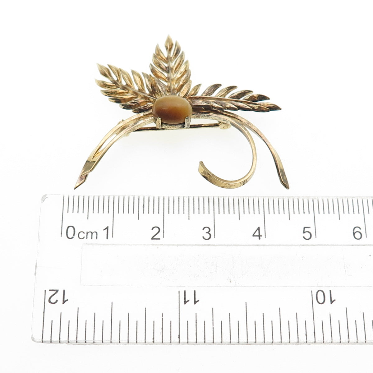 WELLS 925 Sterling Silver Gold Plated Vintage Real Tiger Eye Floral Pin Brooch