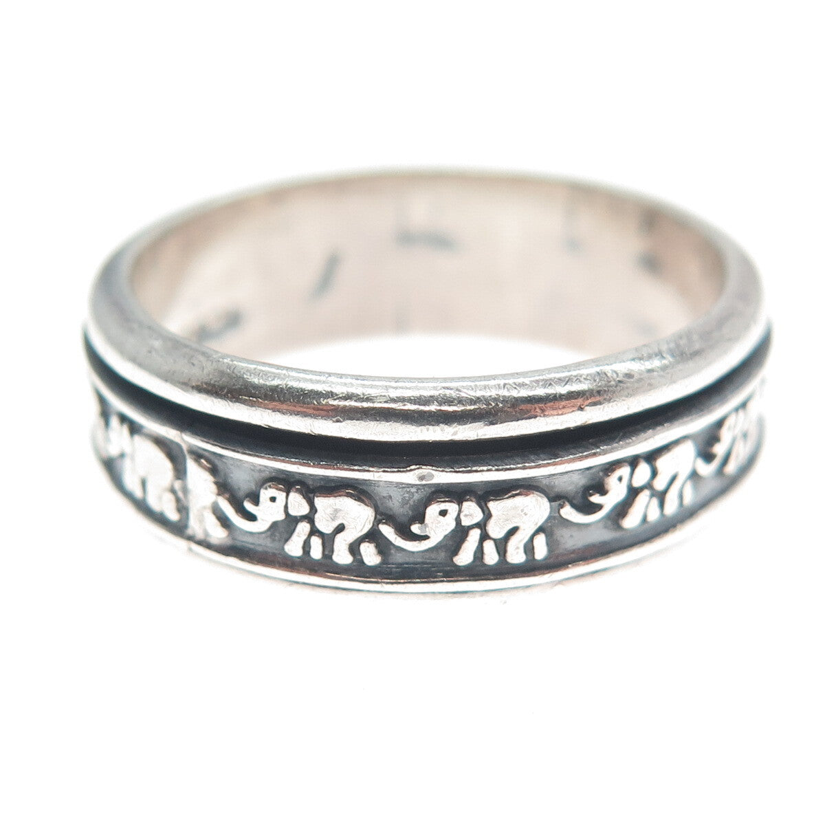 925 Sterling Vintage Mexico Elephant Oxidized Rotating Band Ring Size 10.5