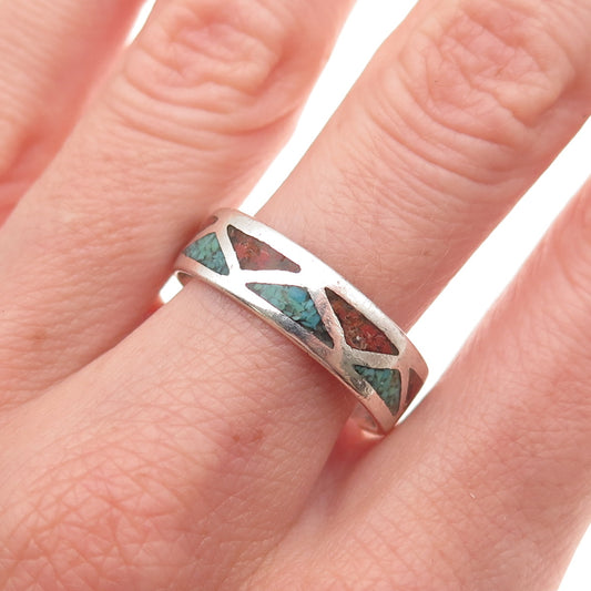 Old Pawn 925 Sterling Silver Vintage Turquoise & Coral Inlay Band Ring Size 10.5