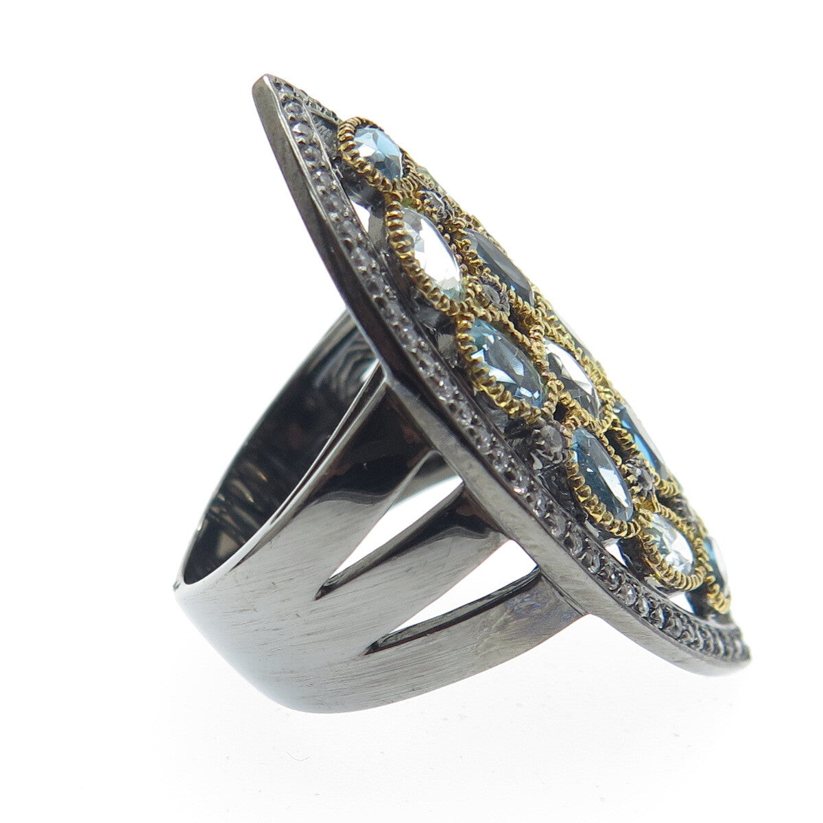 DSMK Sterling Silver Black Rhodium London Swiss Blue White Topaz Ring Size 6.25