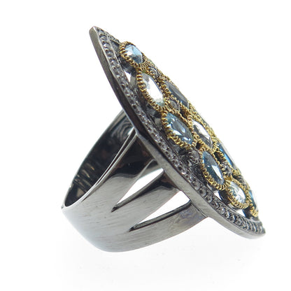 DSMK Sterling Silver Black Rhodium London Swiss Blue White Topaz Ring Size 6.25