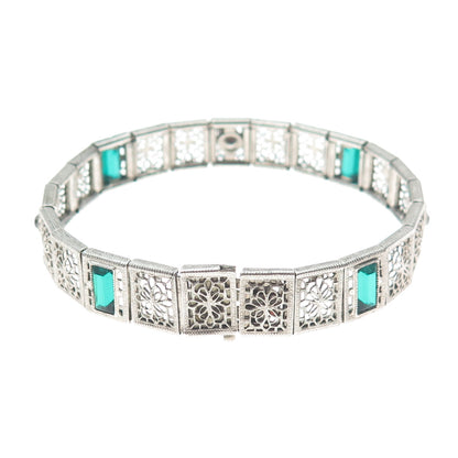 925 Sterling Silver Antique Emerald-Cut Glass & Rhinestone Filigree Bracelet 7"