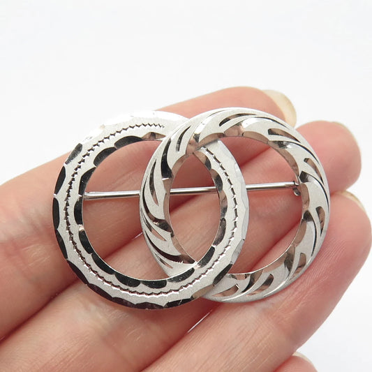 925 Sterling Silver Antique Etched Couple of Circle Pin Brooch