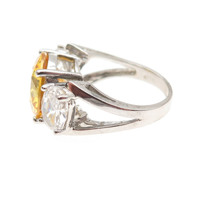 925 Sterling Silver Round-Cut Canary & Oval-Cut White C Z Ring Size 6.25